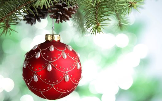 Обои на рабочий стол New year / Новый год, на украшенной елке висит красный шарик