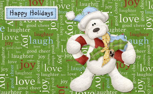 Обои на рабочий стол Белый мишка с рождественской кофетой и веточкой омелы (Happy Holidays)