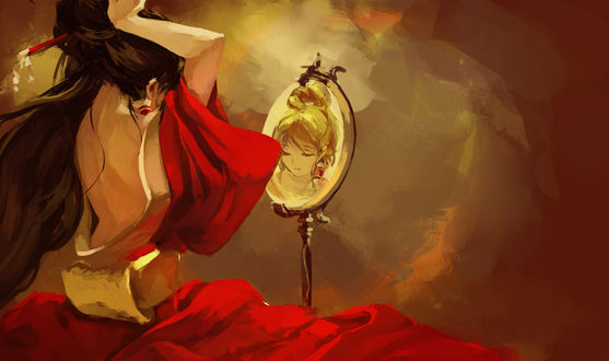 Обои на рабочий стол Рейму Хакурей / Reimu Hakurei из Тохо / Touhou Project в красном платье прихорашивается перед зеркалом