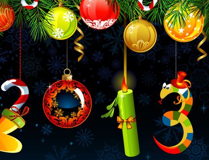 Обои на рабочий стол Новый год 2013, змея,носок,свеча и игрушки с еловыми ветками