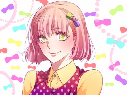 Обои на рабочий стол Харука Нанами / Nanami Haruka из аниме Поющий принц: реально 1000% любовь / Uta no Prince-sama улыбается на фоне разноцветных бантиков