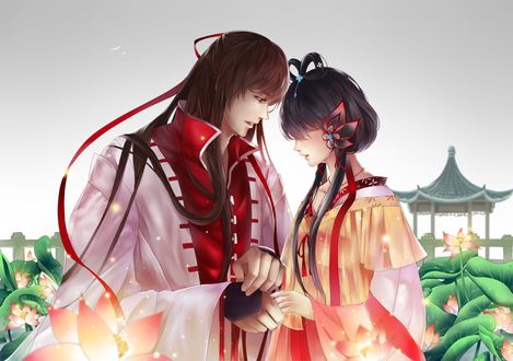 Обои на рабочий стол Вокалоид Дуо Тиануи / Vocaloid Luo Tianyi и Вокалоид Язенг Линг / Vocaloid Yuezheng Ling в китайских нарядах среди цветущих лотосов