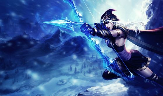 Обои на рабочий стол Аше / Ache из игры Лига Легенд / League of  Legends готовится выстрелить из своего лука на фоне заснеженного ущелья