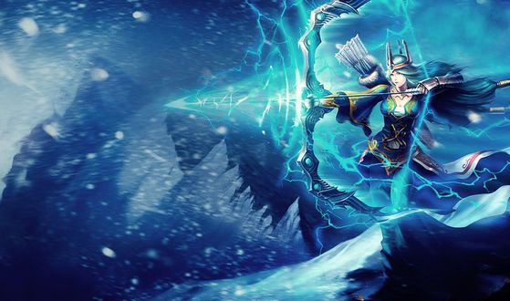 Обои на рабочий стол Аше / Ache из игры Лига Легенд / League of  Legends  стреляет из лука на фоне заснеженных гор