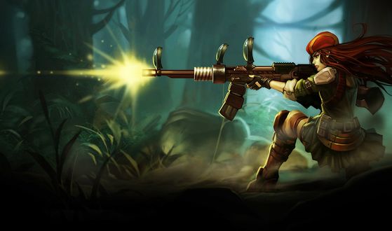 Обои на рабочий стол Каитлун / Caitlyn из игры Лига Легенд / League of Legends стреляет из автомата