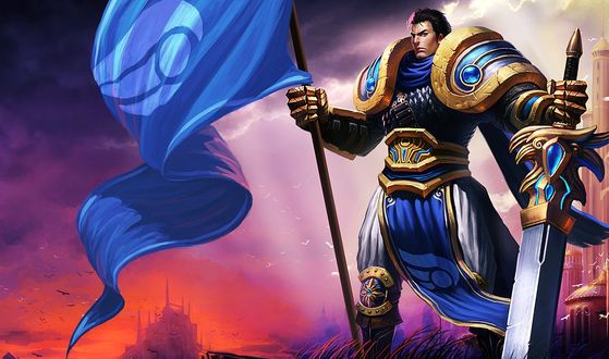 Обои на рабочий стол Гарен / Garen из игры Лига Легенд / League of Legends с флагом в правой и мечом в левой руке на фоне города