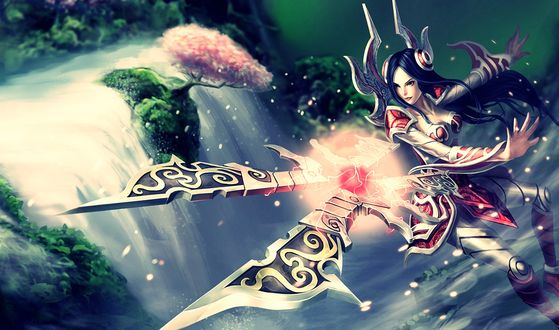 Обои на рабочий стол Ирелия / Irelia из игры Лига Легенд / League of Legends метнула свое оружие на фоне водопада с цветущей сакурой