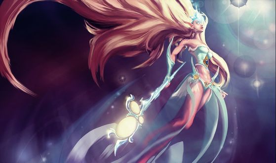 Обои на рабочий стол Жанна / Janna из игры Лига Легенд / League of Legends с посохом в руках