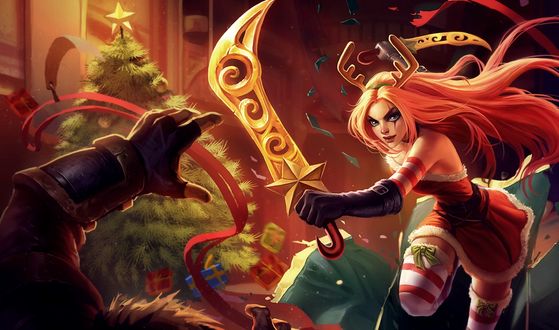 Обои на рабочий стол Катарина / Katarina из игры Лига Легенд / League of Legends в новогоднем костюме и с рожками оленя с кинжалом в руках