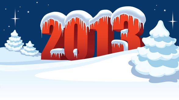 Обои на рабочий стол Новый 2013 год, Цифры 2013 стоят в снегу рядом с ёлками