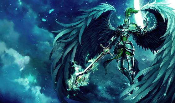 Обои на рабочий стол Кауль /Kayle из игры Лига Легенд / League of  Legends парящая в небе, в броне и мечом в руках