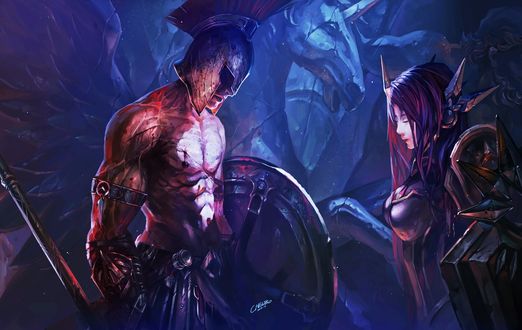 Обои на рабочий стол Парень - гладиатор и девушка - воин из игры Лига Легенд / League of Legends