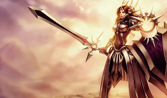 Обои на рабочий стол Леона / Leona из игры Лига Легенд / League of Legends на фоне неба