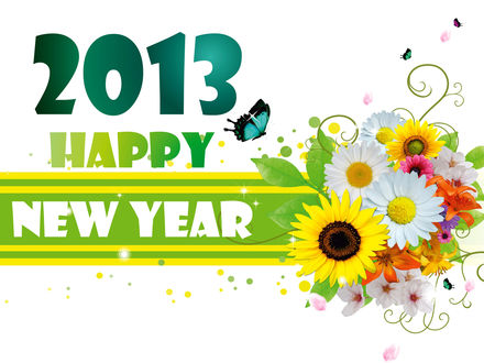 Обои на рабочий стол Надпись Новый 2013 год / Happy New Year 2013, на зеленой ленте с букетом цветов