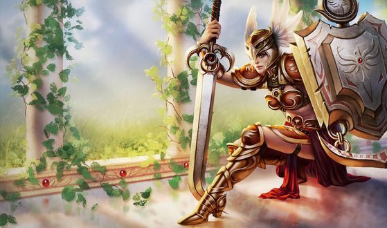 Обои на рабочий стол Леона / Leona из игры Лига Легенд / League of Legends опираясь на меч присела на одно колено