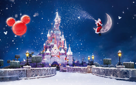 Обои на рабочий стол Дворец тематического парка Disneyland / Диснейленд, украшенный к новому году, Санта Клаус / Santa Claus сдувает с ладоней снег, сидя на луне