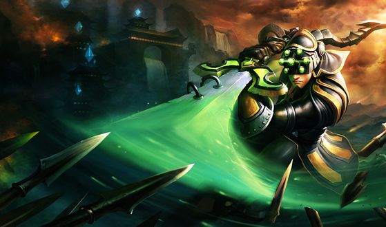 Обои на рабочий стол Мастер / Master из игры Лига Легенд / League of Legends отбивает мечом направленные на него копья