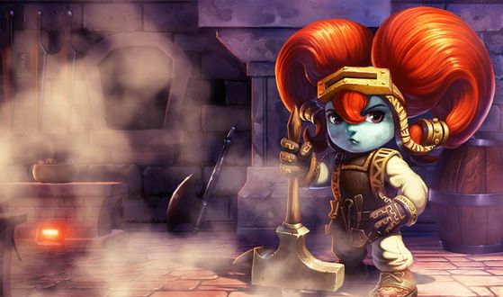 Обои на рабочий стол Поппи / Poppy из игры Лига Легенд / League of Legends стоит с молотом возле кузницы