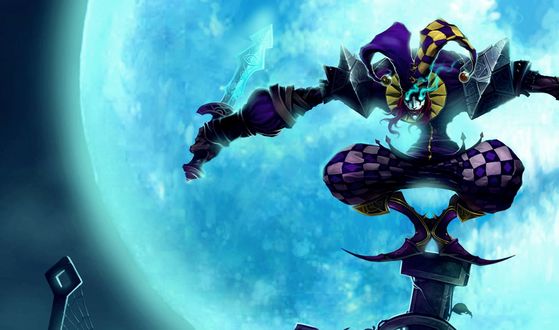 Обои на рабочий стол Шако / Shaco из игры Лига Легенд / League of Legends на фоне луны
