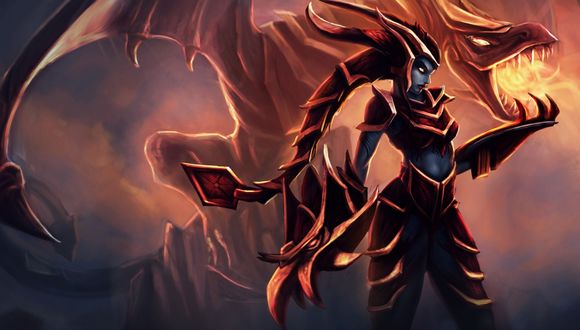 Обои на рабочий стол Шивана / Shyvana из игры Лига Легенд / League of Legends на фоне огнедышащего дракона
