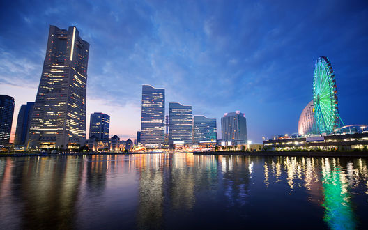 Обои на рабочий стол Город Йокогама, Япония / Yokohama, Japan на закате