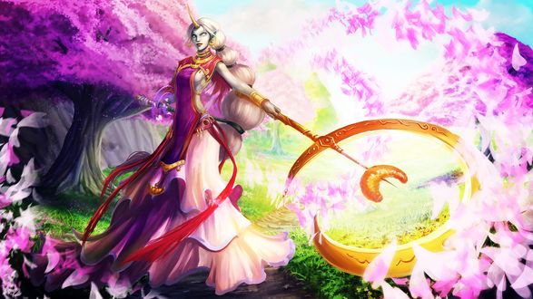Обои на рабочий стол Сорака / Soraka из игры Лига Легенд / League of Legends держит свое копье-полумесяц на фоне сакуры