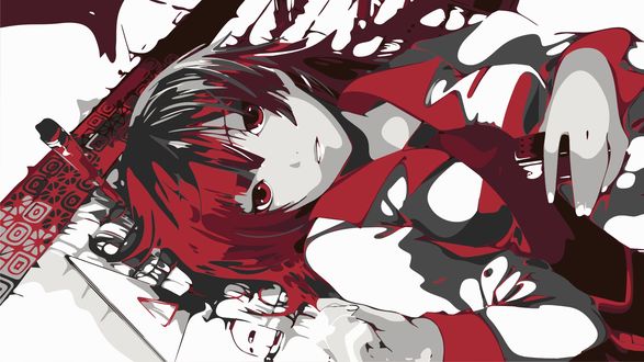 Обои на рабочий стол Senjougahara Hitagi / Хитаги Сэндзёгахара из аниме ''Bakemonogatari / Истории монстров'' со степлером в руке