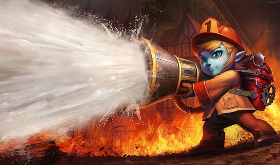 Обои на рабочий стол Тристана / Tristana из игры Лига Легенд / League of Legends тушит пожар