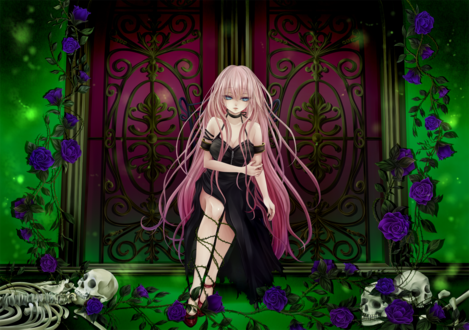 Обои на рабочий стол Грустная вокалоид Мегурине Лука / vocaloid Megurine Luka в чёрном платье, оплетённая фиолетовыми розами, и скелеты у дверей в зелёной комнате