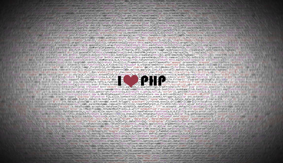 Обои на рабочий стол Исходный код сайта написанного на языке PHP. Надпись в центре I ♥ PHP (Я люблю PHP)