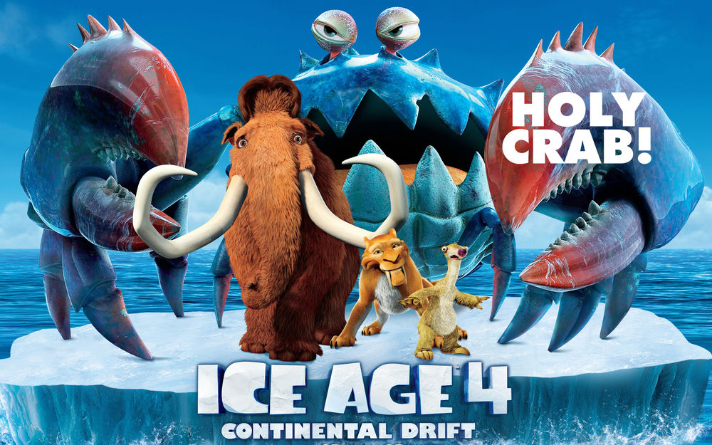 Обои для рабочего стола Мультфильм Ice age 4 / Ледниковый период 4, Главные герои плывут на льдине, за их спинами притаился гигантский краб (Континентальный дрифт / Continental Drift, Holy Crab!)