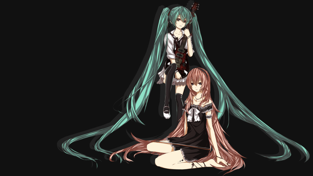 Обои для рабочего стола Vocaloid Miku Hatsune / Вокалоиды Мику Хатсуне с гитарой в руках и Megurine Luka / Мегурине Лука со смычком для скрипки на коленях