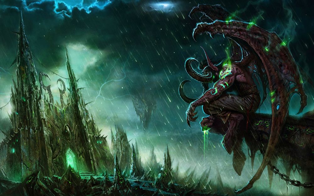 Обои для рабочего стола Эльф - демон  сидит на вершине холма наблюдая за входом в замок во время дождя из игры World of  Warcraft