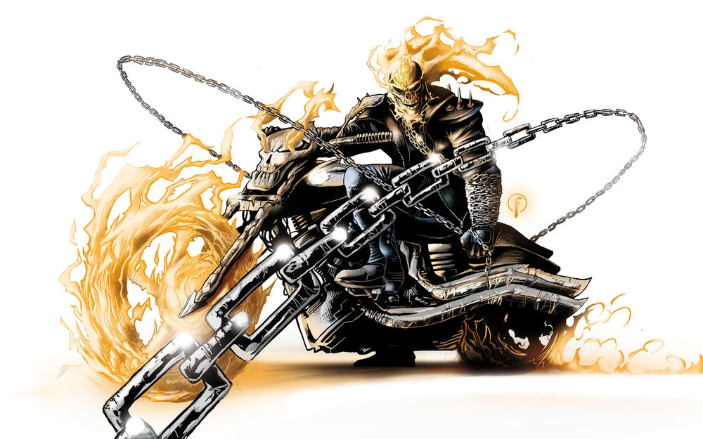 Обои для рабочего стола Призрачный гонщик / Ghost Rider объятый огнем на мотоцикле