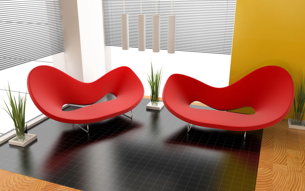Обои для рабочего стола Современный интерьер: два красных дивана в углу комнаты, у окна