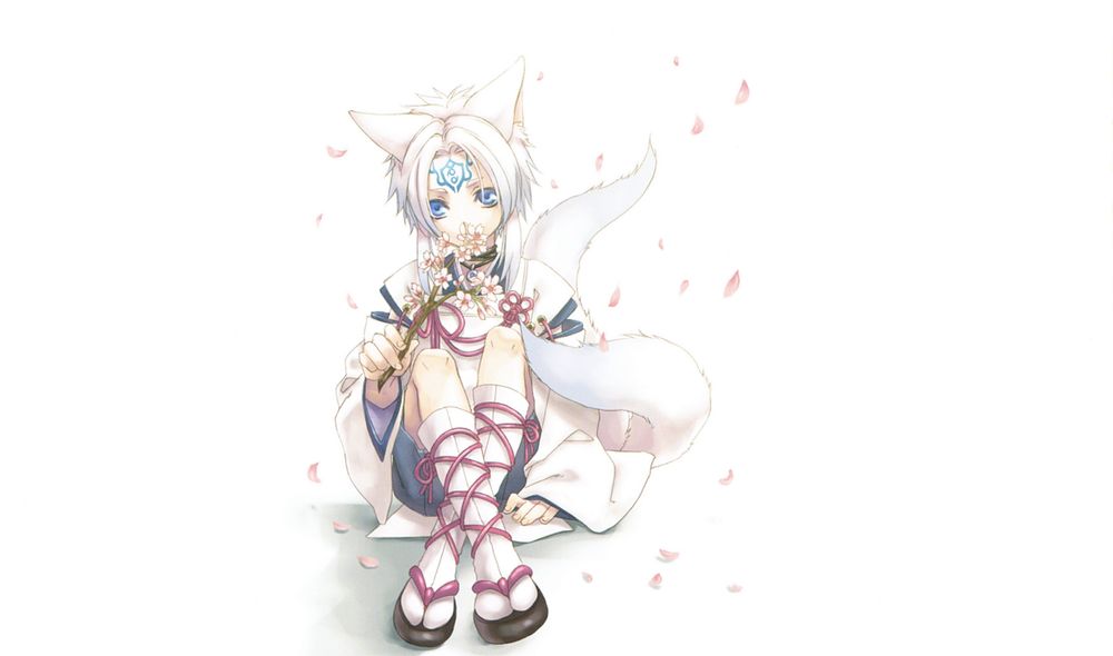 Обои для рабочего стола О-чан / O-chan из аниме из аниме Багровые Осколки / Hiiro no Kakera сидит с цветущей веточкой в руках