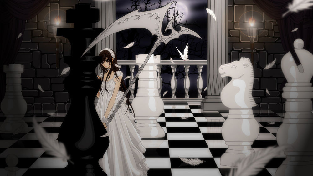 Обои для рабочего стола Юки Кросс / Yuki Kross из аниме 'Рыцарь-вампир / Vampire Knight' со странной формы косой, напоминающей летучую мышь, в руке стоит в зале на шахматном полу среди шахматных фигур