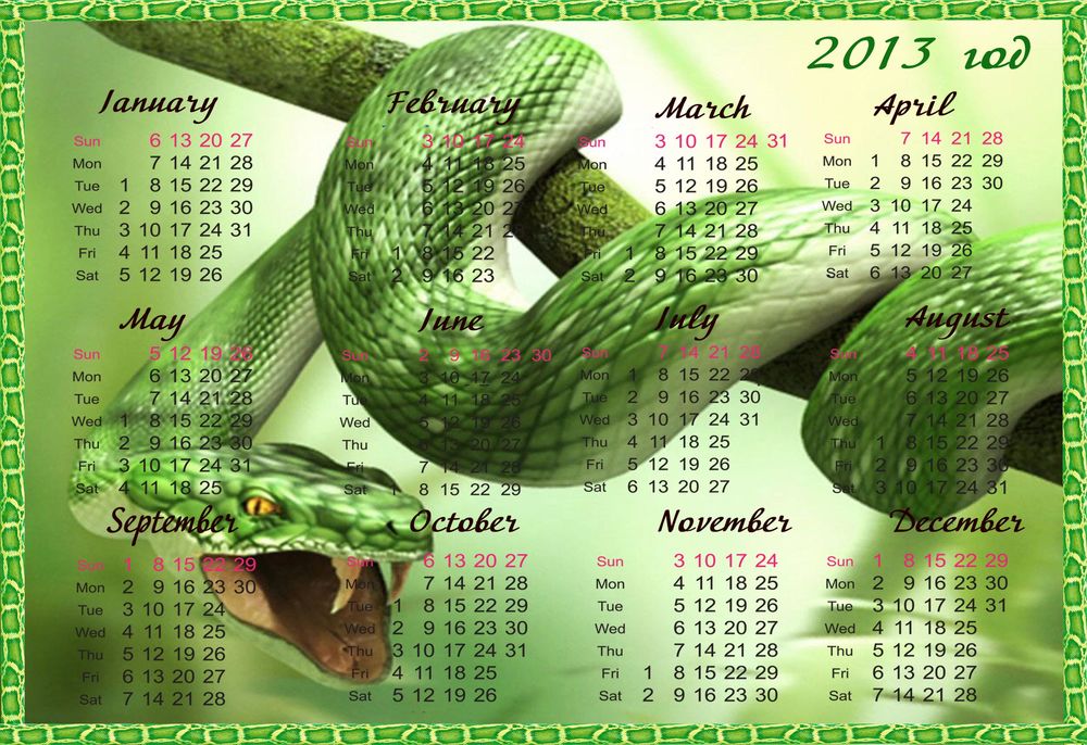 Обои для рабочего стола Календарь на 2013 год с зеленой змеей