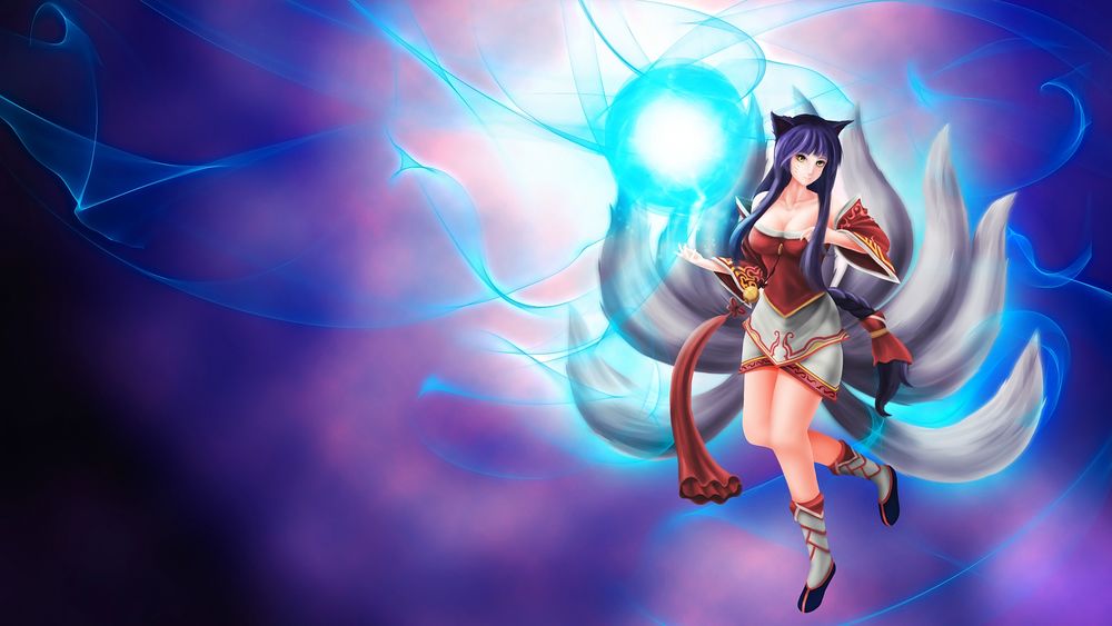 Обои для рабочего стола Ари / Ahri из игры Лига Легенд / League of Legends с огромном светящимся синим шаром над правой рукой
