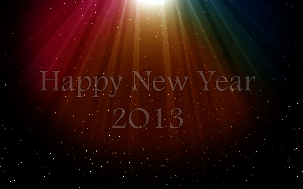Обои для рабочего стола Надпись Новый 2013 год / Happy New Year 2013 на фоне светлых кругов и лучей