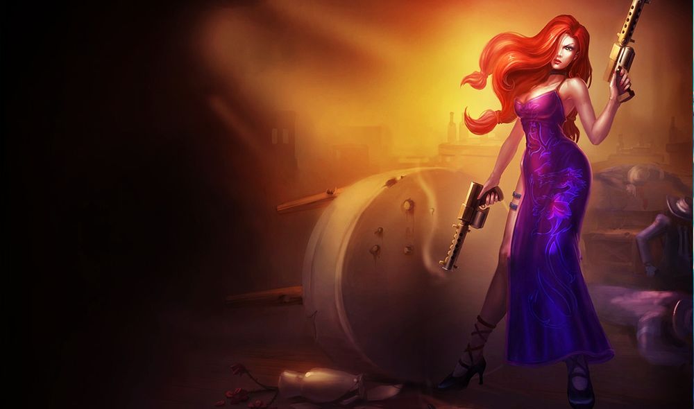 Обои для рабочего стола Мисс Фортуна / Miss Fortune из игры Лига Легенд / League of Legends с пистолетами в руках