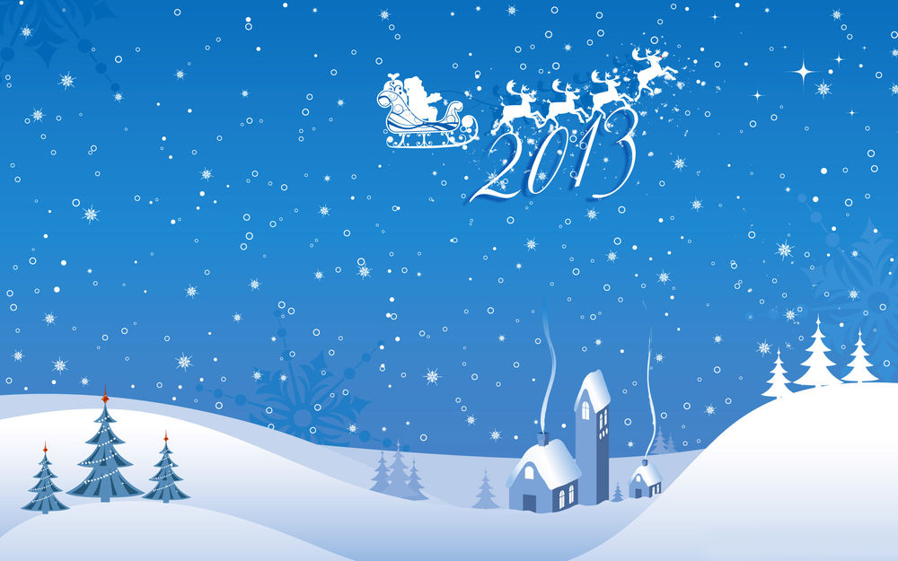Обои для рабочего стола Санта Клаус / Santa Claus в санях с упряжкой оленей летит по небу, в котором висят цифры 2013, на земле тихая снежная ночь, в домах уютно светятся окна