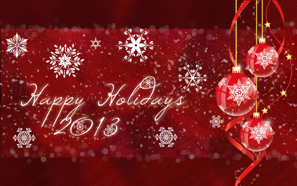 Обои для рабочего стола Happy Holidays 2013 / Счастливых праздников надпись на праздничном фоне с шариками и снежинками