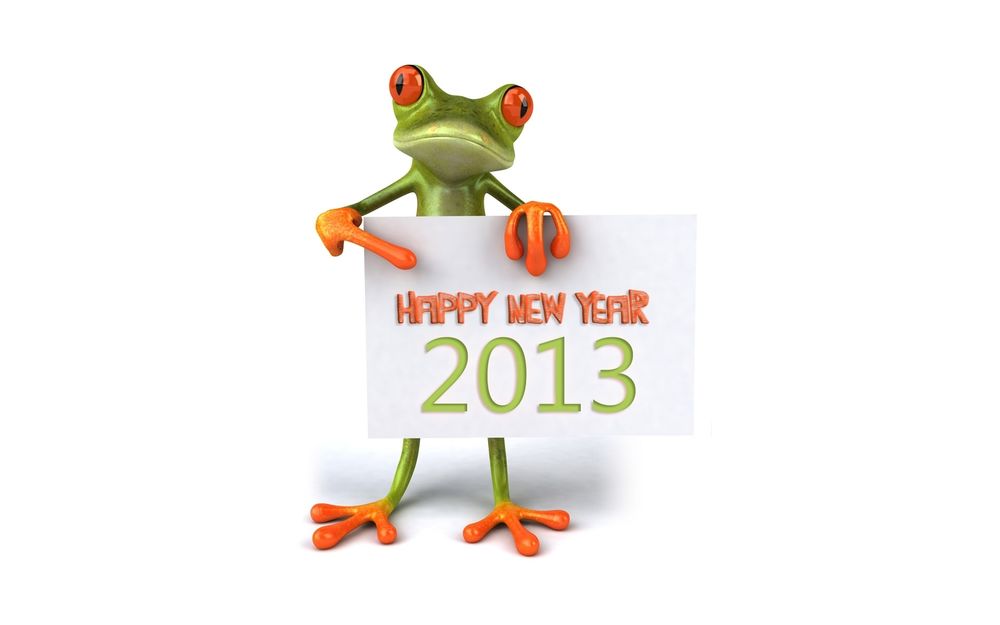 Обои для рабочего стола Лягушонок с табличкой Happy new year 2013