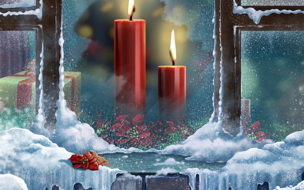 Обои для рабочего стола Две горящие свечи, расположенные на подоконнике заснеженного окна, в окружении новогодних подарков