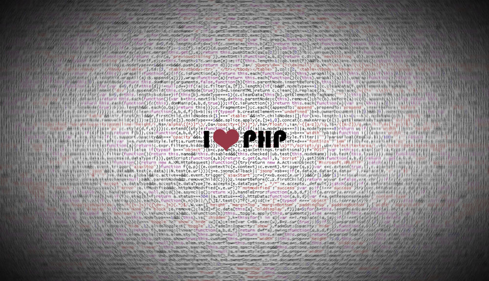 Обои для рабочего стола Исходный код сайта написанного на языке PHP. Надпись в центре I ♥ PHP (Я люблю PHP)