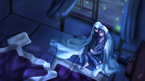 Обои на рабочий стол Рюдзи Такасу / Ryuuji Takasu и Тайга Айсака / Taiga Aisaka из аниме ТораДора! / ToraDora! сидят на полу, ночью, под голубым одеялом в пижамах