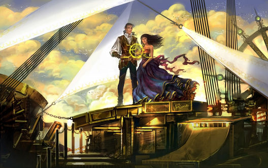 Обои на рабочий стол Парень и девушка стоят на корабле, держа в руках волшебные часы, а над ними летают чайки