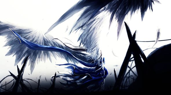 Обои на рабочий стол Верданди / Belldandy из аниме Моя богиня! / My Goddess! стоит к нам спиной посреди развалин