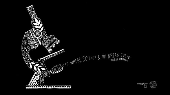 Обои на рабочий стол Микроскоп с узорами и надписью (design is where science and art break even. Robin Matthew)